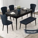 Canisa Concept Due Serisi 80x132 cm Açılabilir Siyah Mermer Desen 4 Sandalye 1 Bench Antrasit Mutfak Masası Takımı