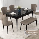 Canisa Concept Due Serisi 80x132 cm Açılabilir Siyah Mermer Desen 4 Sandalye 1 Bench Cappuccino Mutfak Masası Takımı
