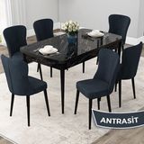 Canisa Concept Due Serisi 80x132 cm Açılabilir Siyah Mermer Desen 6 Sandalye Antrasit Mutfak Masası Takımı