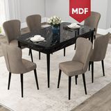 Canisa Concept Due Serisi 80x132 cm Açılabilir Siyah Mermer Desen 6 Sandalye Cappuccino Mutfak Masası Takımı