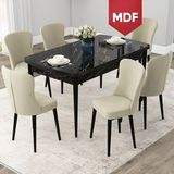 Canisa Concept Due Serisi 80x132 cm Açılabilir Siyah Mermer Desen 6 Sandalye Krem Mutfak Masası Takımı