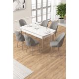 Canisa Concept Edaf Serisi 80X132 Açılabilir Beyaz Mutfak Masa Takımı 6 Gri Sandalye Krom Detay