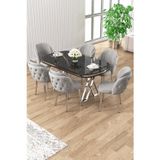 Canisa Concept Ela Serisi Lak Panel Siyah Mermer Desen Krom Ayak Masa Takımı Ve 6 Gri Sandalye