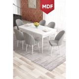 Canisa Concept Elf Serisi 80x132 MDF Açılabilir Beyaz Masa Takımı 6 Gri Sandalye Gold Halkalı