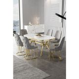 Canisa Concept Epal Serisi 90X168 Lak Panel Beyaz Mermer Desen Masa Takımı Gold Ayaklı 6 Gri Sandalye