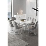 Canisa Concept Epal Serisi 90X168 Lak Panel Beyaz Mermer Desen Masa Takımı Krom Ayaklı 6 Gri Sandalye