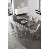 Canisa Concept Epal Serisi 90X168 Lak Panel Siyah Mermer Desen Krom Ayaklı Masa Takımı Ve 6 Gri Sandalye