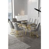 Canisa Concept Epal Serisi 90X168 Lak Panel Siyah Mermer Desen Masa Takımı Gold Ayaklı 6 Gri Sandalye