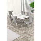 Canisa Concept Esla Serisi 90X160 Lak Panel Beyaz Mermer Desen Krom Kaplama Ayaklı Masa Takımı Ve 6 Gri Sandalye