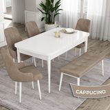Canisa Concept Eta Serisi 80 x 132 cm Açılabilir Mdf Mutfak Masa Takımı Beyaz Masa 4 Sandalye ve 1 Bench - 80x132 - Cappucino
