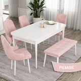 Canisa Concept Eta Serisi 80 x 132 cm Açılabilir Mdf Mutfak Masa Takımı Beyaz Masa 4 Sandalye ve 1 Bench - 80x132 - Pembe