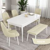 Canisa Concept Eta Serisi, 80 x 132 cm Açılabilir Mdf Mutfak Masa Takımı, Beyaz Masa 4 Sandalye ve 1 Bench - Krem