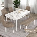 Canisa Concept Eta Serisi 80 x 132 cm Açılabilir Mdf Mutfak Masa Takımı Beyaz Mermer Desen Masa 4 Sandalye ve 1 Bench - 80x132 - Cappucino