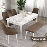 Canisa Concept Eta Serisi 80 x 132 cm Açılabilir Mdf Mutfak Masa Takımı Beyaz Mermer Desen Masa 4 Sandalye ve 1 Bench - 80x132 - Kahverengi