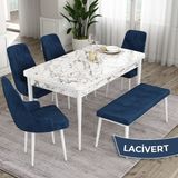 Canisa Concept Eta Serisi 80 x 132 cm Açılabilir Mdf Mutfak Masa Takımı Beyaz Mermer Desen Masa 4 Sandalye ve 1 Bench - 80x132 - Lacivert