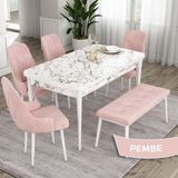 Canisa Concept Eta Serisi 80 x 132 cm Açılabilir Mdf Mutfak Masa Takımı Beyaz Mermer Desen Masa 4 Sandalye ve 1 Bench - 80x132 - Pembe