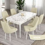 Canisa Concept Eta Serisi 80 x 132 cm Açılabilir Mdf Mutfak Masa Takımı Beyaz Mermer Desen Masa 6 Sandalye - Krem