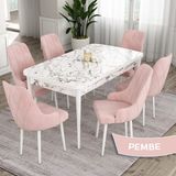 Canisa Concept Eta Serisi 80 x 132 cm Açılabilir Mdf Mutfak Masa Takımı Beyaz Mermer Desen Masa 6 Sandalye - Pembe