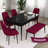 Canisa Concept Eta Serisi 80 x 132 cm Açılabilir Mdf Mutfak Masa Takımı Siyah Mermer Desen Masa 4 Sandalye ve 1 Bench - 80x132 - Mürdüm