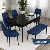 Canisa Concept Eta Serisi 80 x 132 cm Açılabilir Mdf Mutfak Masa Takımısiyah Mermer Desen Masa 4 Sandalye ve 1 Bench - 80x132 - Lacivert