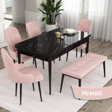 Canisa Concept Eta Serisi 80 x 132 cm Açılabilir Mdf Mutfak Masa Takımısiyah Mermer Desen Masa 4 Sandalye ve 1 Bench - 80x132 - Pembe