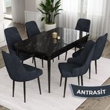 Canisa Concept Eta Serisi 80 x 132 cm Açılabilir Mdf Yemek Odası Masa Takımısiyah Mermer Desen Masa 6 Sandalye - Antrasit