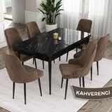 Canisa Concept Eta Serisi 80 x 132 cm Açılabilir Mdf Yemek Odası Masa Takımısiyah Mermer Desen Masa 6 Sandalye - Kahverengi