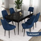 Canisa Concept Eta Serisi 80 x 132 cm Açılabilir Mdf Yemek Odası Masa Takımısiyah Mermer Desen Masa 6 Sandalye - Lacivert