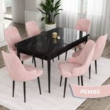 Canisa Concept Eta Serisi 80 x 132 cm Açılabilir Mdf Yemek Odası Masa Takımısiyah Mermer Desen Masa 6 Sandalye - Pembe