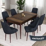 Canisa Concept Eta Serisi 80 x 132 cm Mdf Açılabilir Masa Takımı Barok Ahşap Desen Masa 6 Sandalye - Antrasit