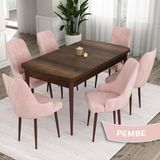 Canisa Concept Eta Serisi 80 x 132 cm Mdf Açılabilir Masa Takımı Barok Ahşap Desen Masa 6 Sandalye - Pembe