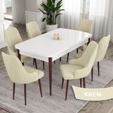 Canisa Concept Eta Serisi 80 x 132 cm Mdf Açılabilir Masa Takımı Beyaz Masa Kahve Ayak 6 Sandalye - Krem