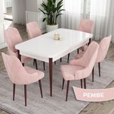 Canisa Concept Eta Serisi 80 x 132 cm Mdf Açılabilir Masa Takımı Beyaz Masa Kahve Ayak 6 Sandalye - Pembe