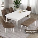 Canisa Concept Eta Serisi, 80X132 Açılabilir Mdf Mutfak Masa Takımı, Beyaz Masa 4 Sandalye ve 1 Bench - Kahverengi