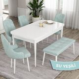 Canisa Concept Eta Serisi, 80X132 Açılabilir Mdf Mutfak Masa Takımı, Beyaz Masa 4 Sandalye ve 1 Bench - Su Yeşili