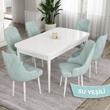 Canisa Concept Eta Serisi, 80X132 Açılabilir Mdf Mutfak Masa Takımı, Beyaz Masa 6 Sandalye - Su Yeşili