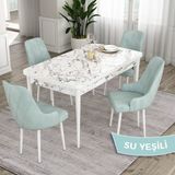Canisa Concept Eta Serisi, 80X132 Açılabilir Mdf Mutfak Masa Takımı, Beyaz Mermer Desen Masa 4 Sandalye - Su Yeşili