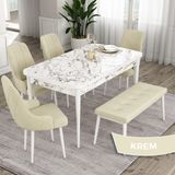 Canisa Concept Eta Serisi, 80X132 Açılabilir Mdf Mutfak Masa Takımı, Beyaz Mermer Desen Masa 4 Sandalye ve 1 Bench - Krem