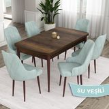 Canisa Concept Eta Serisi, 80X132 Mdf Açılabilir Masa Takımı, Barok Ahşap Desen Masa 6 Sandalye - Su Yeşili