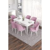 Canisa Concept Eva Serisi 80 x 132 cm Açılabilir Mdf Mutfak Masa Takımı Beyaz Masa ve 6 Sandalye - Pembe