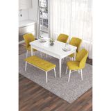 Canisa Concept Eva Serisi 80 x 132 cm Benchli Açılabilir Mdf Mutfak Masa Takımı Beyaz Masa ve 4 Sandalye - Hardal
