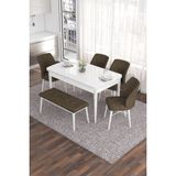 Canisa Concept Eva Serisi 80 x 132 cm Benchli Açılabilir Mdf Mutfak Masa Takımı Beyaz Masa ve 4 Sandalye - Kahverengi