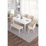 Canisa Concept Eva Serisi 80 x 132 cm Benchli Açılabilir Mdf Mutfak Masa Takımı Beyaz Masa ve 4 Sandalye - Krem