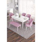 Canisa Concept Eva Serisi 80 x 132 cm Benchli Açılabilir Mdf Mutfak Masa Takımı Beyaz Masa ve 4 Sandalye - Pembe