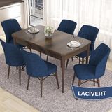 Canisa Concept Eva Serisi 80X132 Açılabilir Mdf Barok Ahşap Desen Mutfak Masa ve 6 Sandalye - Lacivert