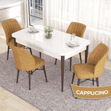 Canisa Concept Eva Serisi 80X132 Açılabilir Mdf Beyaz Masa Ceviz Ayak Mutfak Masa Takımı ve 4 Sandalye - Cappuccino