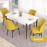 Canisa Concept Eva Serisi 80X132 Açılabilir Mdf Beyaz Masa Ceviz Ayak Mutfak Masa Takımı ve 4 Sandalye - Hardal