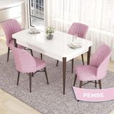 Canisa Concept Eva Serisi 80X132 Açılabilir Mdf Beyaz Masa Ceviz Ayak Mutfak Masa Takımı ve 4 Sandalye - Pembe