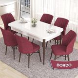 Canisa Concept Eva Serisi 80X132 Açılabilir Mdf Beyaz Masa Ceviz Ayak Mutfak Masa Takımı ve 6 Sandalye - Bordo
