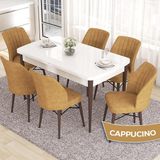 Canisa Concept Eva Serisi 80X132 Açılabilir Mdf Beyaz Masa Ceviz Ayak Mutfak Masa Takımı ve 6 Sandalye - Cappucino